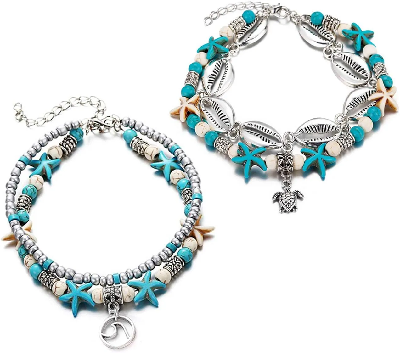 Gleamart Beach Turtle Anklet Boho Layered Handmade Adjustable Foot Chain for Women