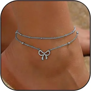 Gold Ankle Bracelets for Women 14k Gold Plated Bow Ankle Bracelets Dainty CZ Tennis Chain Anklets Cute Rhinestone Layered Bow Knot Anklet Set Fashion Summer Foot Jewelry for Women