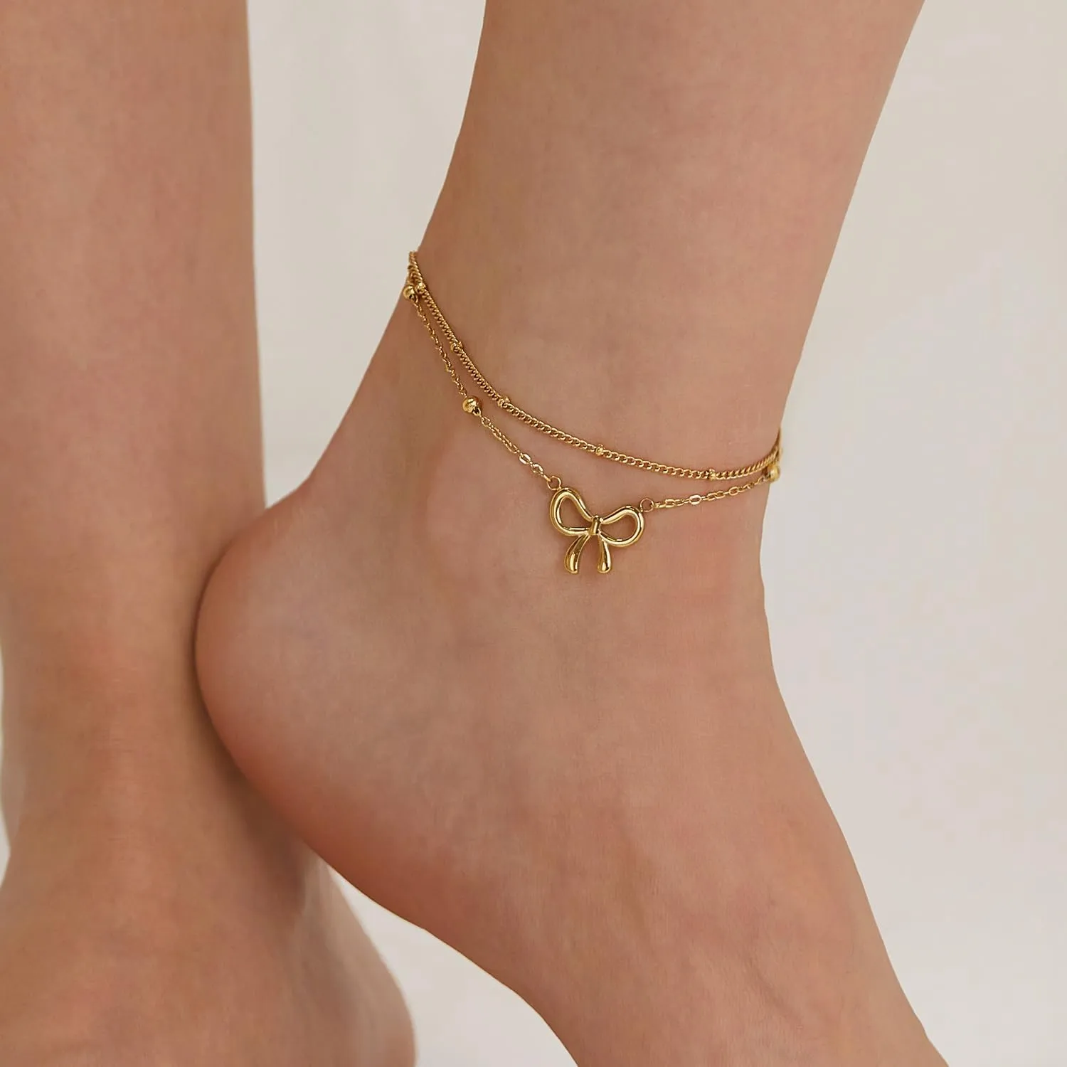 Gold Ankle Bracelets for Women 14k Gold Plated Bow Ankle Bracelets Dainty CZ Tennis Chain Anklets Cute Rhinestone Layered Bow Knot Anklet Set Fashion Summer Foot Jewelry for Women