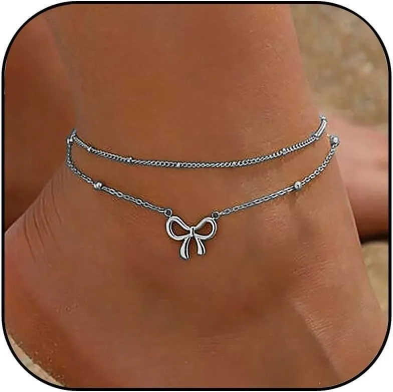 Gold Ankle Bracelets for Women 14k Gold Plated Bow Ankle Bracelets Dainty CZ Tennis Chain Anklets Cute Rhinestone Layered Bow Knot Anklet Set Fashion Summer Foot Jewelry for Women