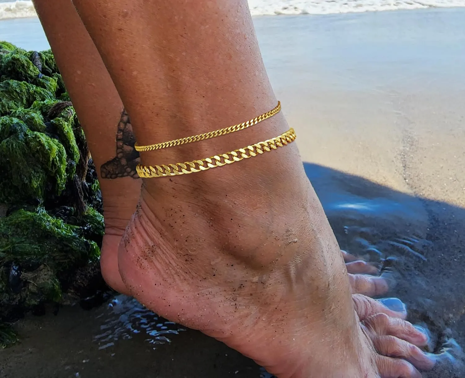 Gold Ankle Bracelets for Women, 14k Silver/Gold Anklets for Women Waterproof Layered Figaro Cuban Link Cuban Anklet Set Silver Ankle Bracelets for Women Summer Beach Jewelry Gifts