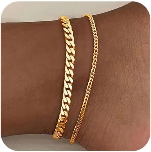 Gold Ankle Bracelets for Women, 14k Silver/Gold Anklets for Women Waterproof Layered Figaro Cuban Link Cuban Anklet Set Silver Ankle Bracelets for Women Summer Beach Jewelry Gifts