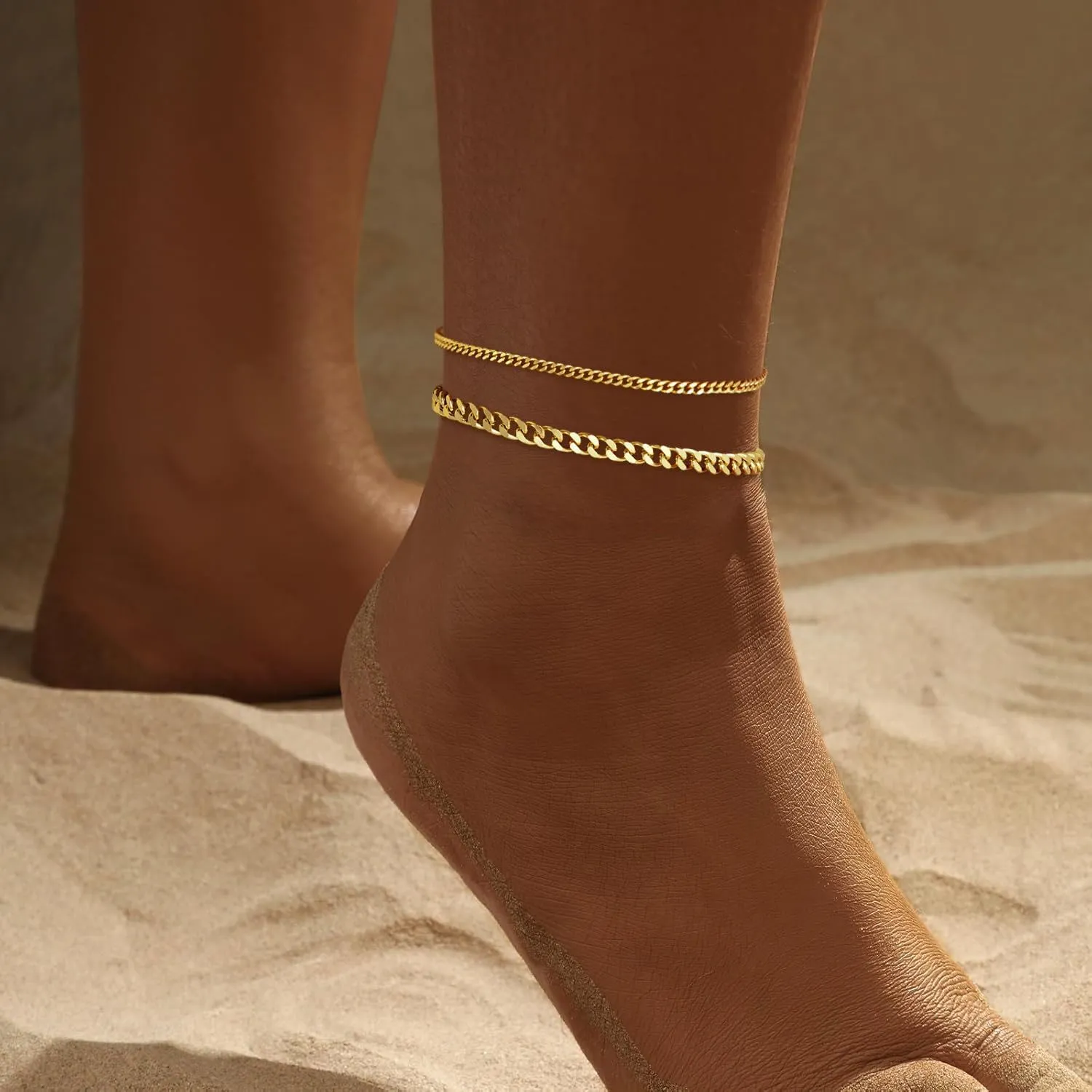 Gold Ankle Bracelets for Women, 14k Silver/Gold Anklets for Women Waterproof Layered Figaro Cuban Link Cuban Anklet Set Silver Ankle Bracelets for Women Summer Beach Jewelry Gifts