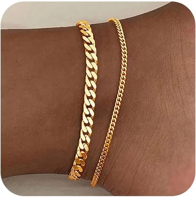 Gold Ankle Bracelets for Women, 14k Silver/Gold Anklets for Women Waterproof Layered Figaro Cuban Link Cuban Anklet Set Silver Ankle Bracelets for Women Summer Beach Jewelry Gifts