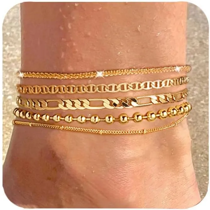 Gold Ankle Bracelets for Women,14k Gold Plated Anklets Waterproof Cuban Link Tennis Herringbone Beaded Chain Anklets Set Layered Anklet Bracelets for Women Adjustable Summer Beach Jewelry 5pcs