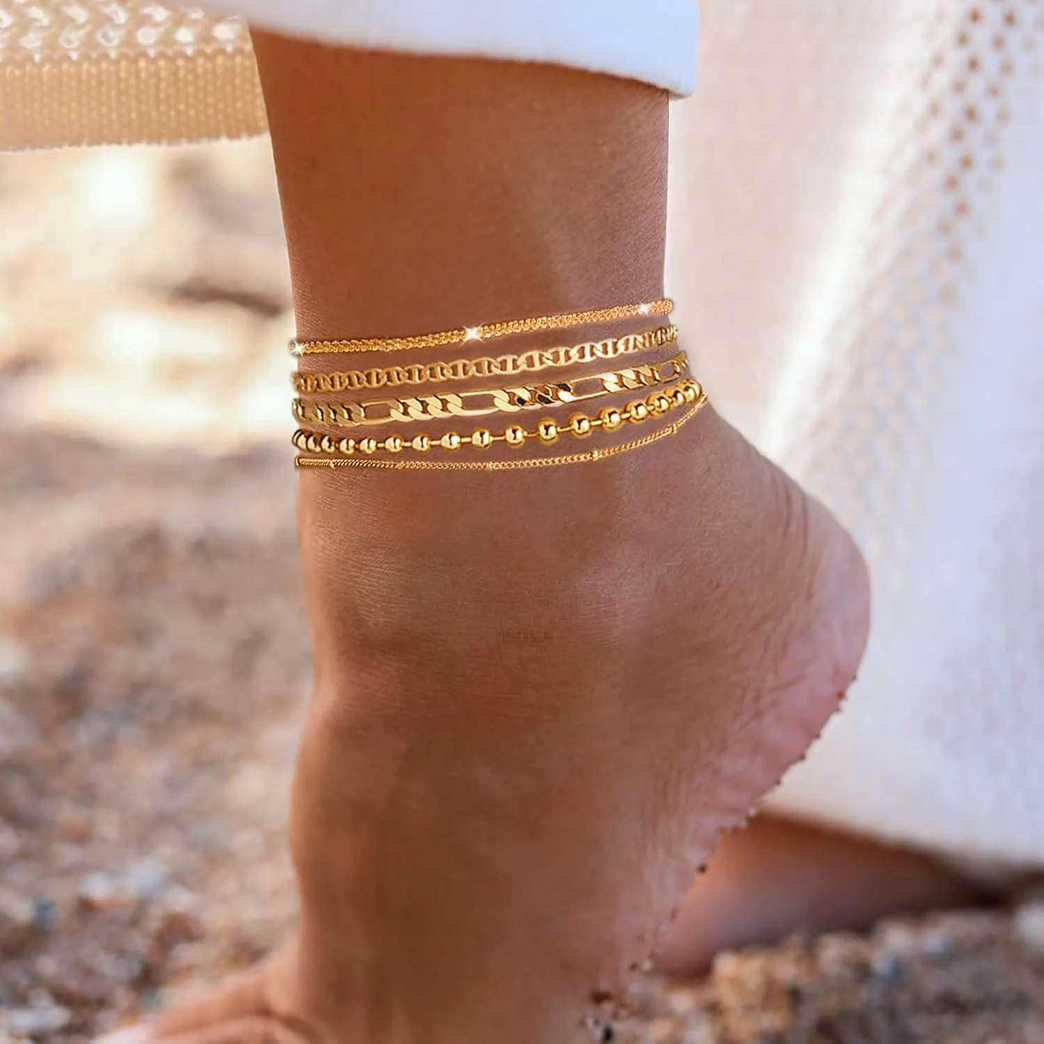 Gold Ankle Bracelets for Women,14k Gold Plated Anklets Waterproof Cuban Link Tennis Herringbone Beaded Chain Anklets Set Layered Anklet Bracelets for Women Adjustable Summer Beach Jewelry 5pcs