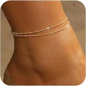Gold Ankle Bracelets for women,14k Gold/Silver Plated Waterproof Layered lightweight Cuban Link Figaro Chain Heart anklet butterfly anklet Pearl Ankle Bracelets Set Gold Anklets for women Trendy Jewelry Gift for Women