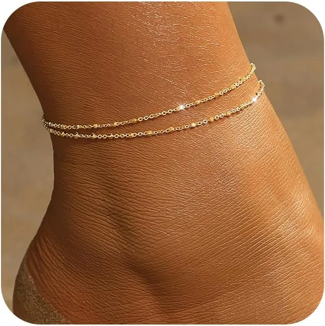 Gold Ankle Bracelets for women,14k Gold/Silver Plated Waterproof Layered lightweight Cuban Link Figaro Chain Heart anklet butterfly anklet Pearl Ankle Bracelets Set Gold Anklets for women Trendy Jewelry Gift for Women