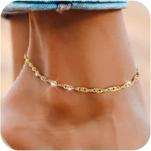 Gold Anklet Ankle Bracelets for Women, 14k Gold Plated Silver Anklet for Women Trendy Cute Dainty Twist Chain Adjustable Hypoallergenic Waterproof Anklets Summer Beach Jewelry Gift