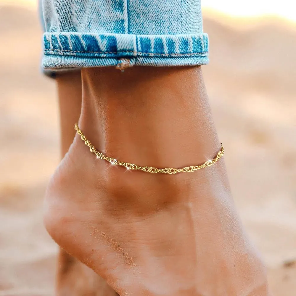 Gold Anklet Ankle Bracelets for Women, 14k Gold Plated Silver Anklet for Women Trendy Cute Dainty Twist Chain Adjustable Hypoallergenic Waterproof Anklets Summer Beach Jewelry Gift