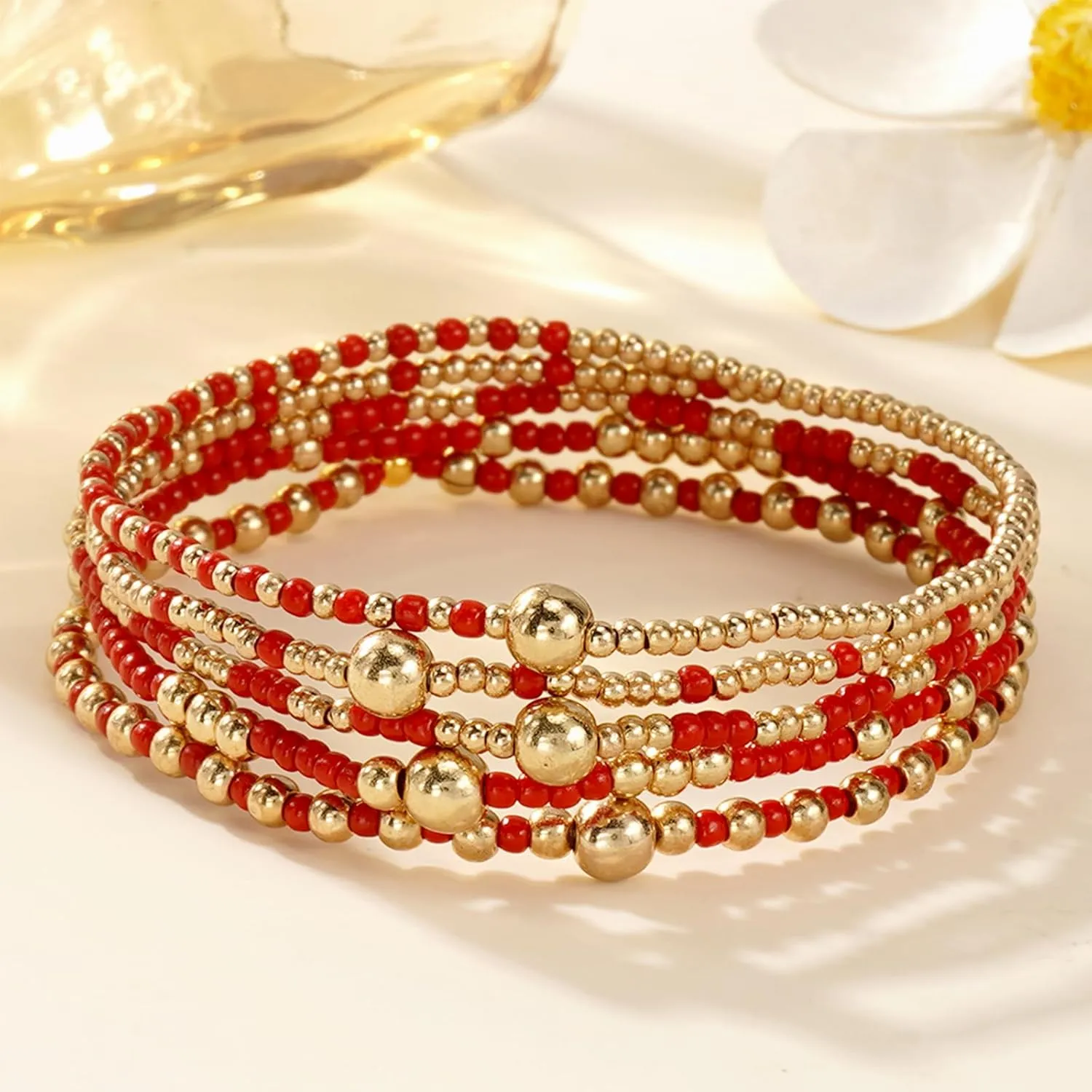Gold Beaded Stack Bracelets Set For Women, 5Pcs Boho Handmade Small Beads Stackable Stretch Layered Outfit Accessories Jewelry Gift.