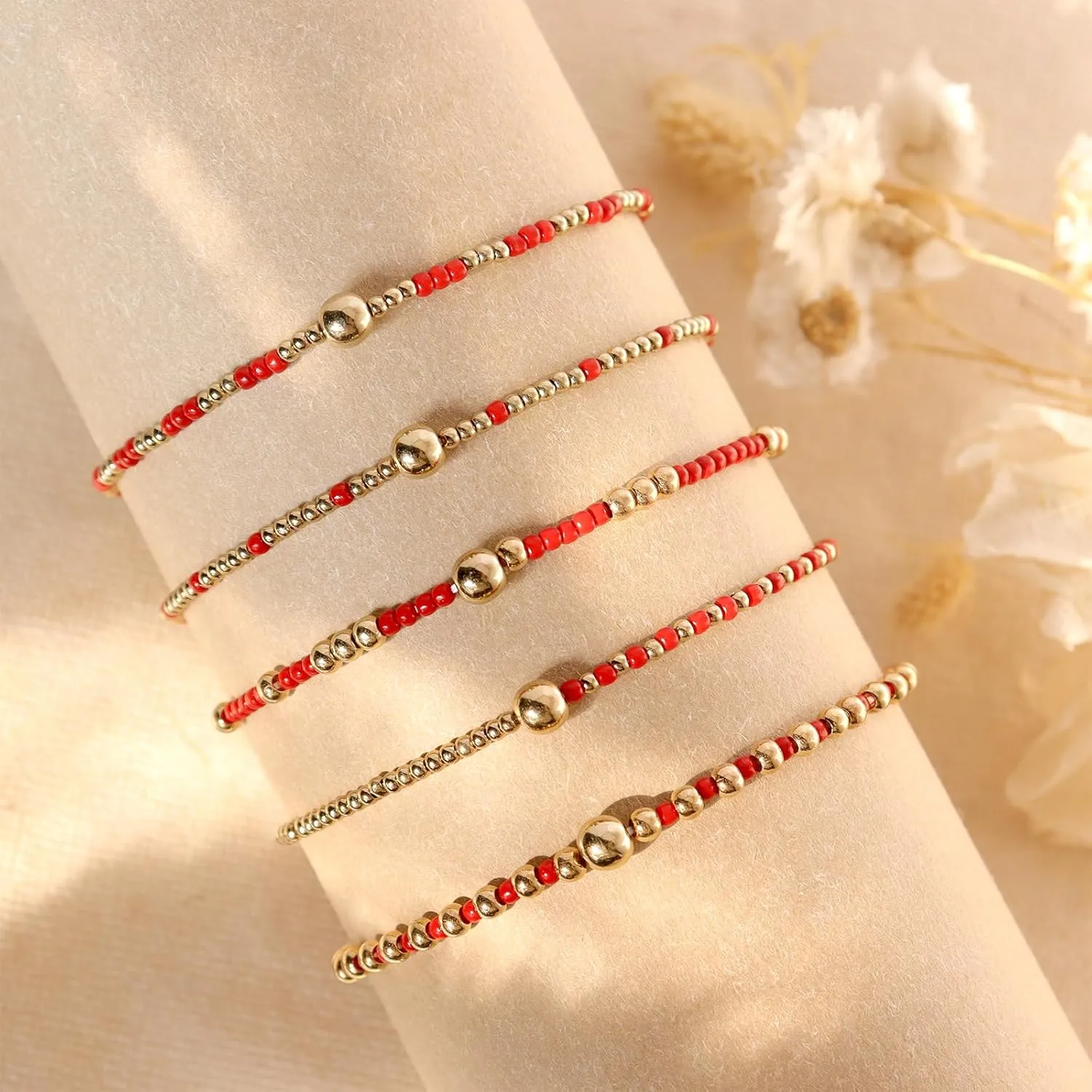 Gold Beaded Stack Bracelets Set For Women, 5Pcs Boho Handmade Small Beads Stackable Stretch Layered Outfit Accessories Jewelry Gift.