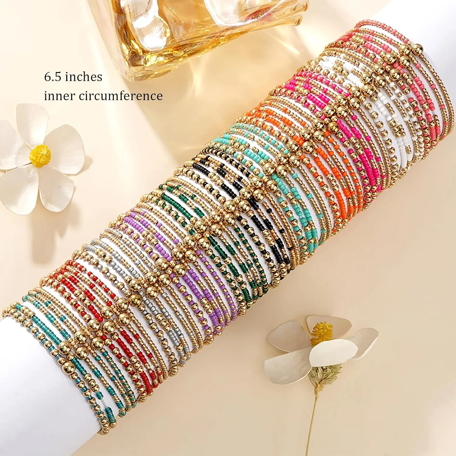 Gold Beaded Stack Bracelets Set For Women, 5Pcs Boho Handmade Small Beads Stackable Stretch Layered Outfit Accessories Jewelry Gift.