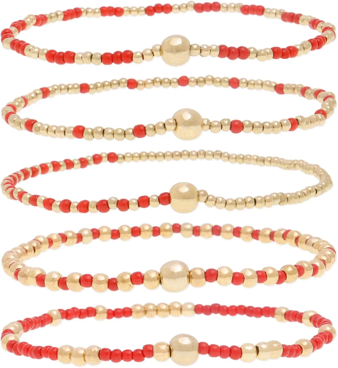 Gold Beaded Stack Bracelets Set For Women, 5Pcs Boho Handmade Small Beads Stackable Stretch Layered Outfit Accessories Jewelry Gift.