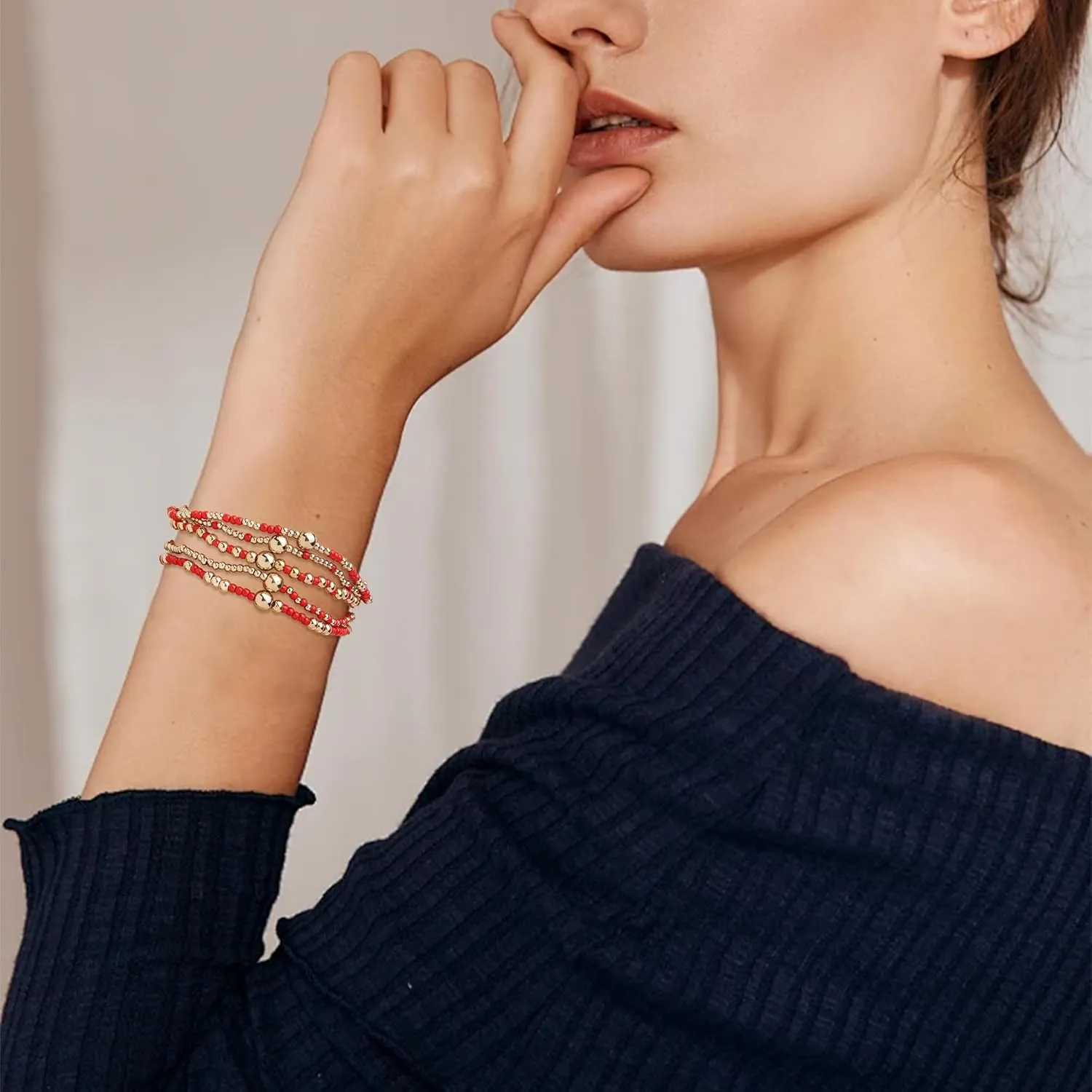 Gold Beaded Stack Bracelets Set For Women, 5Pcs Boho Handmade Small Beads Stackable Stretch Layered Outfit Accessories Jewelry Gift.
