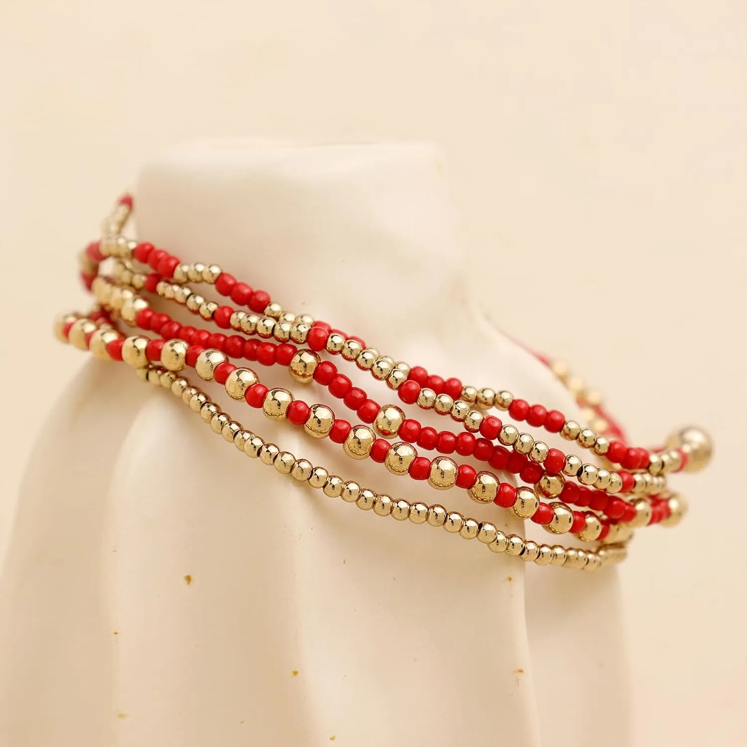 Gold Beaded Stack Bracelets Set For Women, 5Pcs Boho Handmade Small Beads Stackable Stretch Layered Outfit Accessories Jewelry Gift.