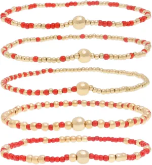 Gold Beaded Stack Bracelets Set For Women, 5Pcs Boho Handmade Small Beads Stackable Stretch Layered Outfit Accessories Jewelry Gift.