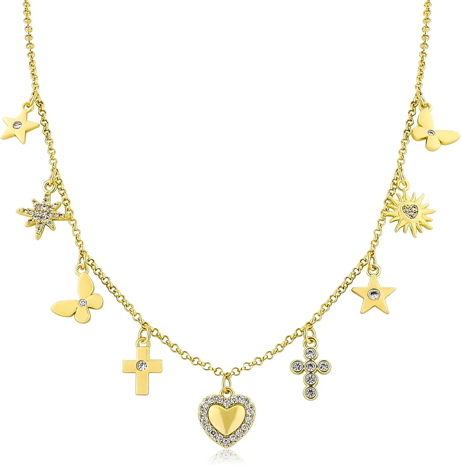 Gold Charm Necklace for Women 14K Gold Plated Love Heart Necklace with Cute Cross Butterfly Star Sun North Star Pendant Necklace with Cubic Zirconia Adjustable Trendy Party Y2K Jewelry Gift for Women