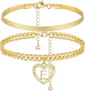 Gold Initial Ankle Bracelets for Women 14K Gold Plated Heart Anklets for Women Waterproof Stackable Snake Cuban Chains Women's Anklets