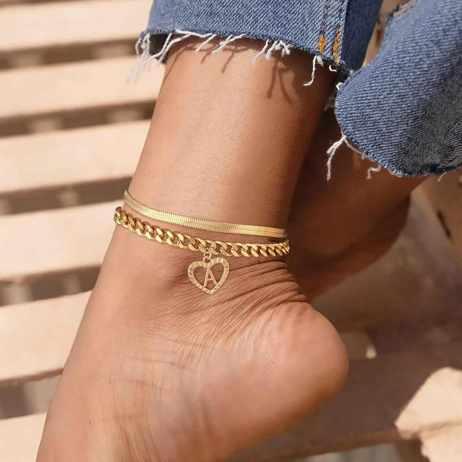 Gold Initial Ankle Bracelets for Women 14K Gold Plated Heart Anklets for Women Waterproof Stackable Snake Cuban Chains Women's Anklets
