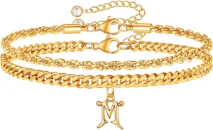 Gold Initial Ankle Bracelets for Women 14K Gold Plated Initial Charm Gold Anklets for Women Rope Figaro Cuban Chain Initial Anklet Bracelets for Women Cuban Link Chain Anklet Gold Jewelry for Women