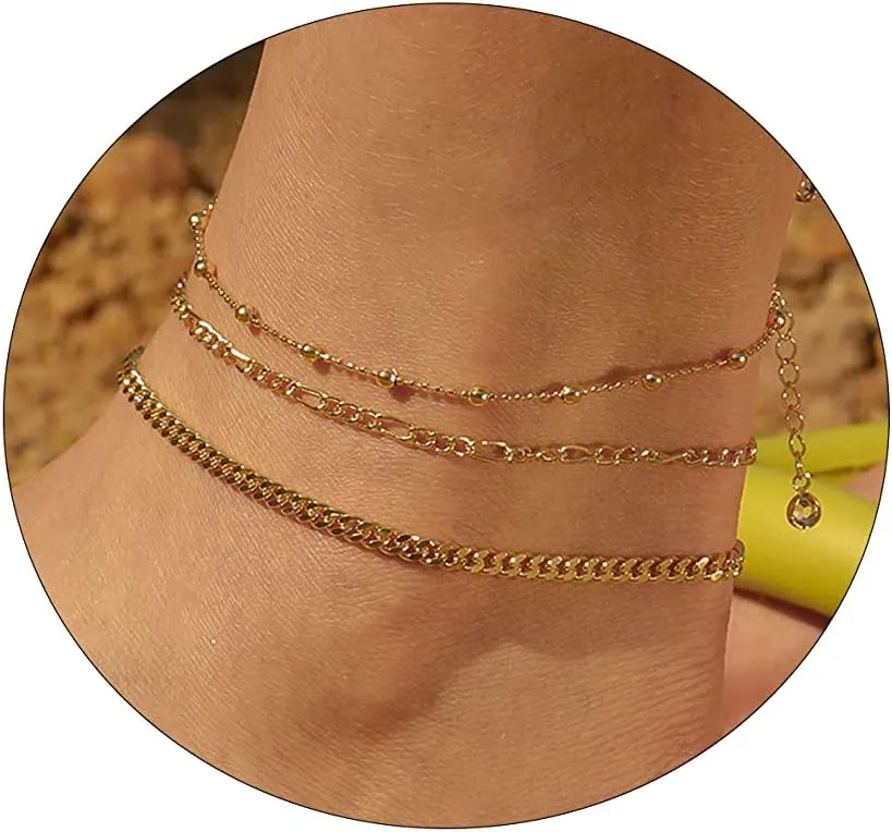 Gold Layered Cuba Figaro Chain Beads Anklets Dainty Gold Anklet for Women Cute Tiny Beads Ankle Bracelets Minimalist Summer Beach Foot Chain Ankle Jewelry Gifts