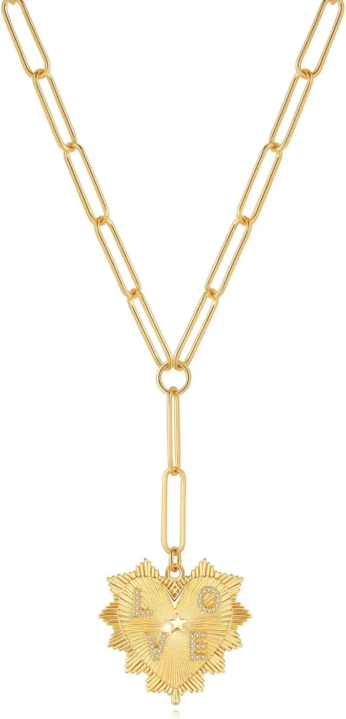 Gold Necklace Chunky Sun Heart Pendants Choker for Women Paperclip Trendy 18K Gold Luxury Style Hip Hop Charm Neutral Necklace for Women