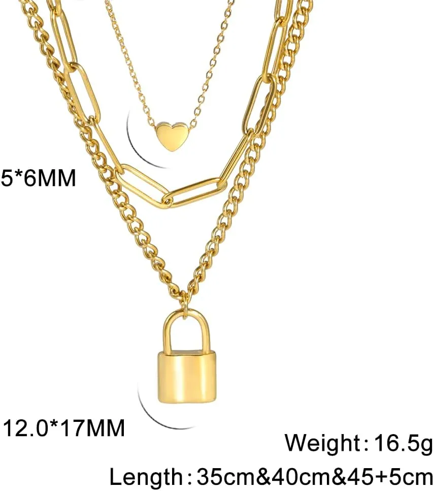 Gold Plated Stainless Steel Layered Necklace with Heart and Padlock Pendants, Multi-Strand Fashion Jewelry for Women