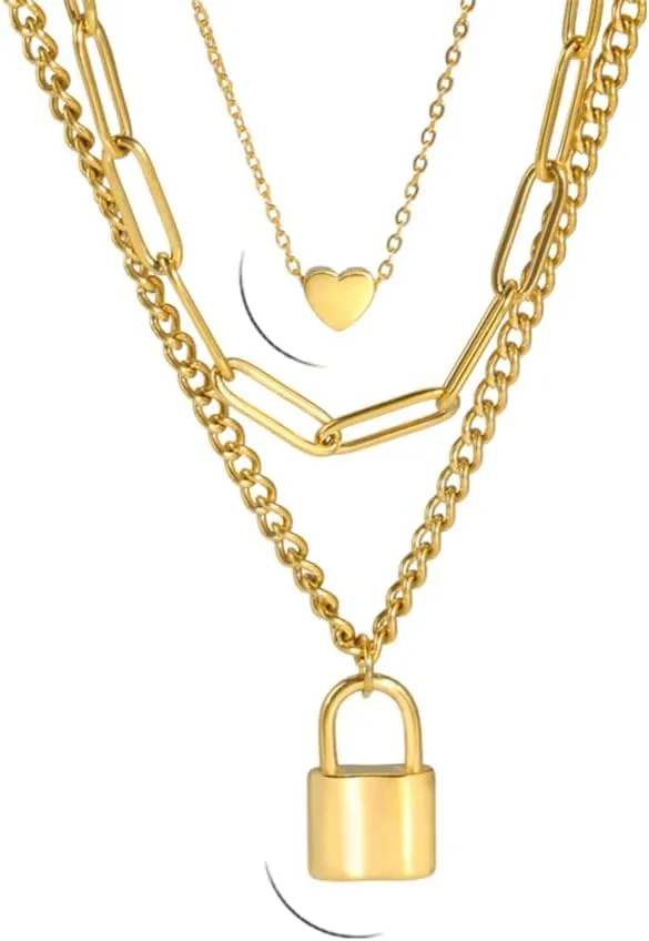 Gold Plated Stainless Steel Layered Necklace with Heart and Padlock Pendants, Multi-Strand Fashion Jewelry for Women