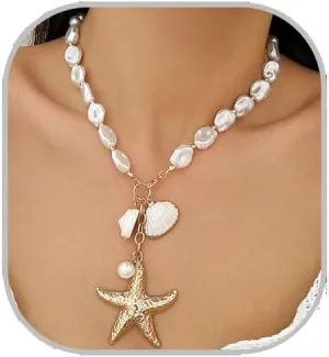 Gold Starfish Necklaces for Women Sea Shell Mermaids Necklaces Mermaid Beach Charm Necklace Mermaids Shell Beaded Choker Necklace Trendy Summer Jewelry