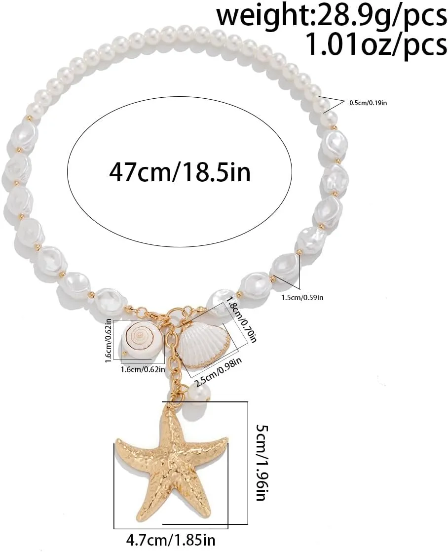 Gold Starfish Necklaces for Women Sea Shell Mermaids Necklaces Mermaid Beach Charm Necklace Mermaids Shell Beaded Choker Necklace Trendy Summer Jewelry