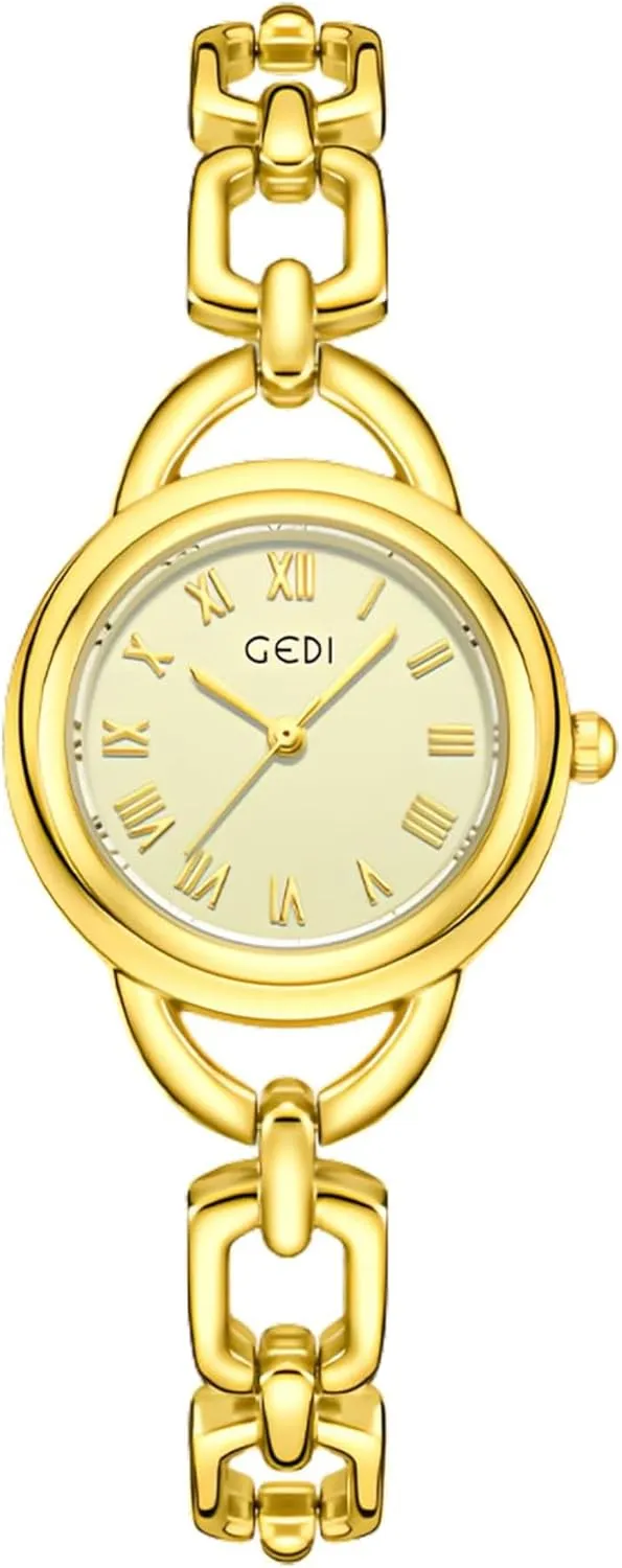 Gosasa Elegant Women's Bracelet Watch Vintage Roman Numeral Quartz Small Gold Ladies Dress Wrist Watch Alloy Chain Strap Waterproof Gift for Her