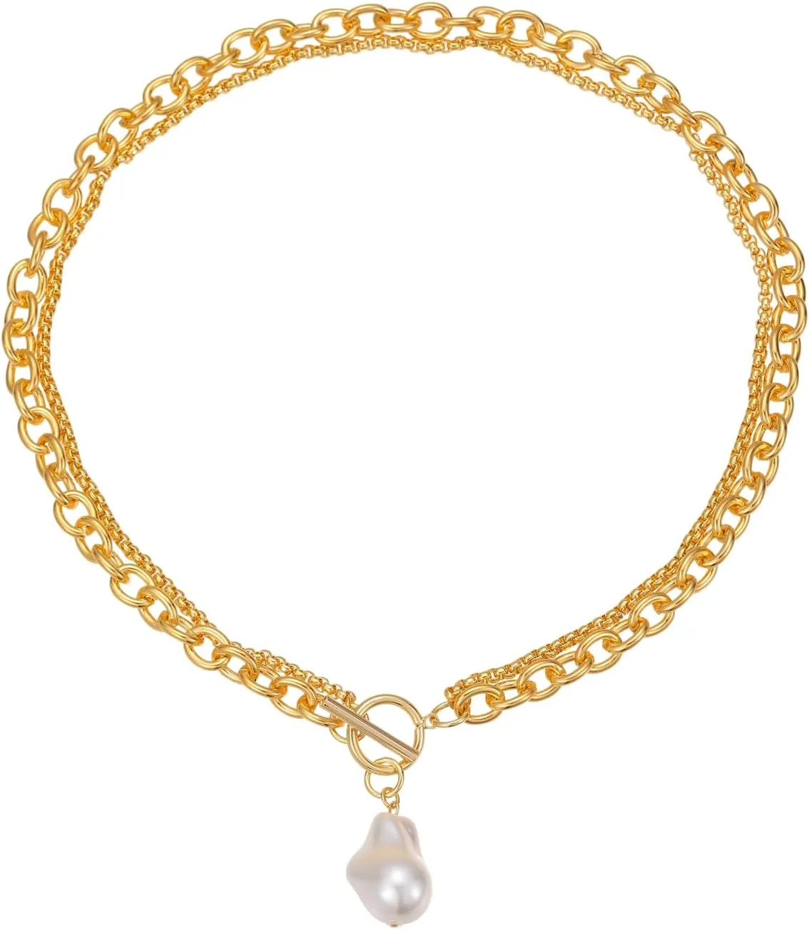 GZQ Chunky Pearl and Gold Necklace for Women Men Trendy,Baroque Pearl Pendants Link Chain Unisex Jewelry Gifts(N39)