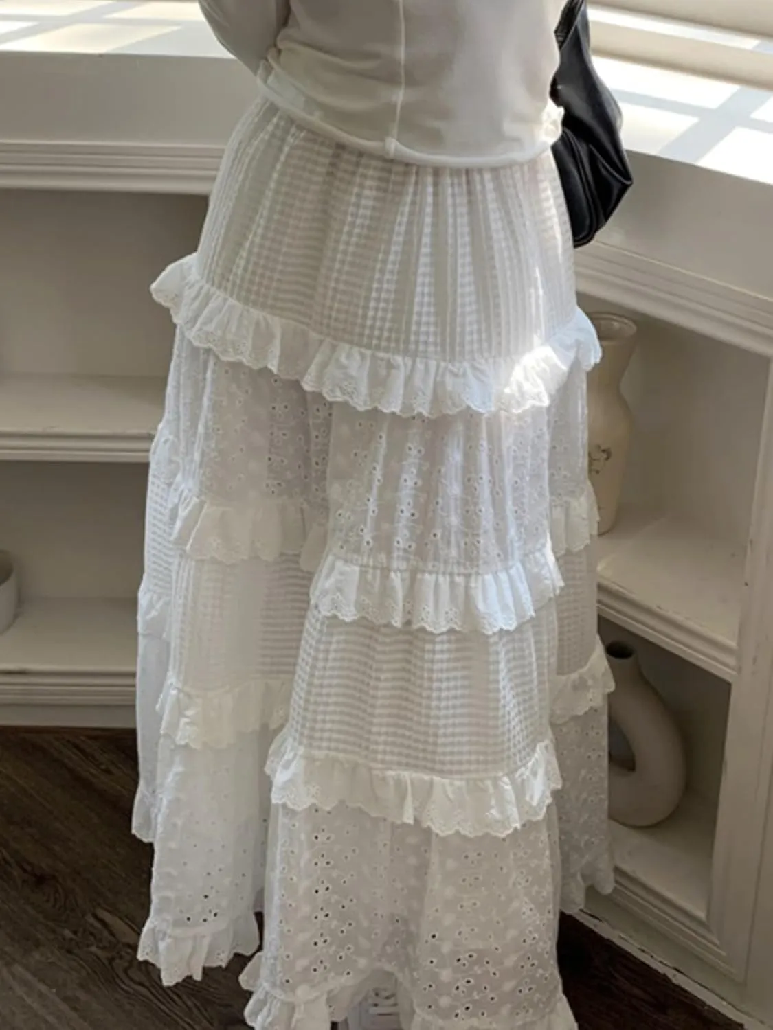 HAIRUO Women's Tiered Skirt White Eyelet Lace Skirt Fashion Elastic Waist Ruffle A-Line Long Dress