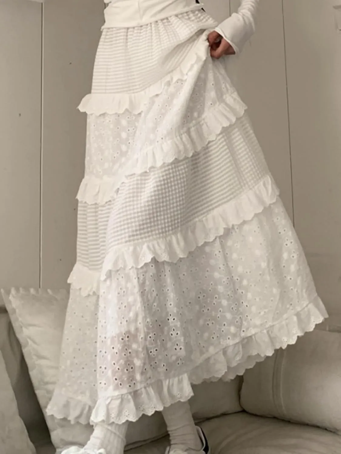 HAIRUO Women's Tiered Skirt White Eyelet Lace Skirt Fashion Elastic Waist Ruffle A-Line Long Dress
