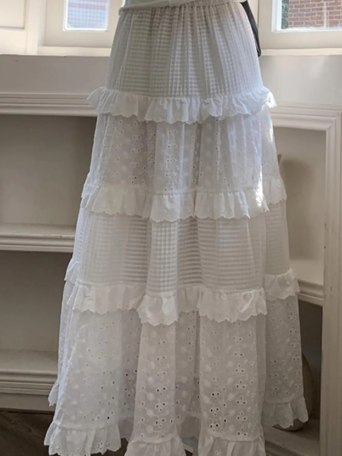 HAIRUO Women's Tiered Skirt White Eyelet Lace Skirt Fashion Elastic Waist Ruffle A-Line Long Dress