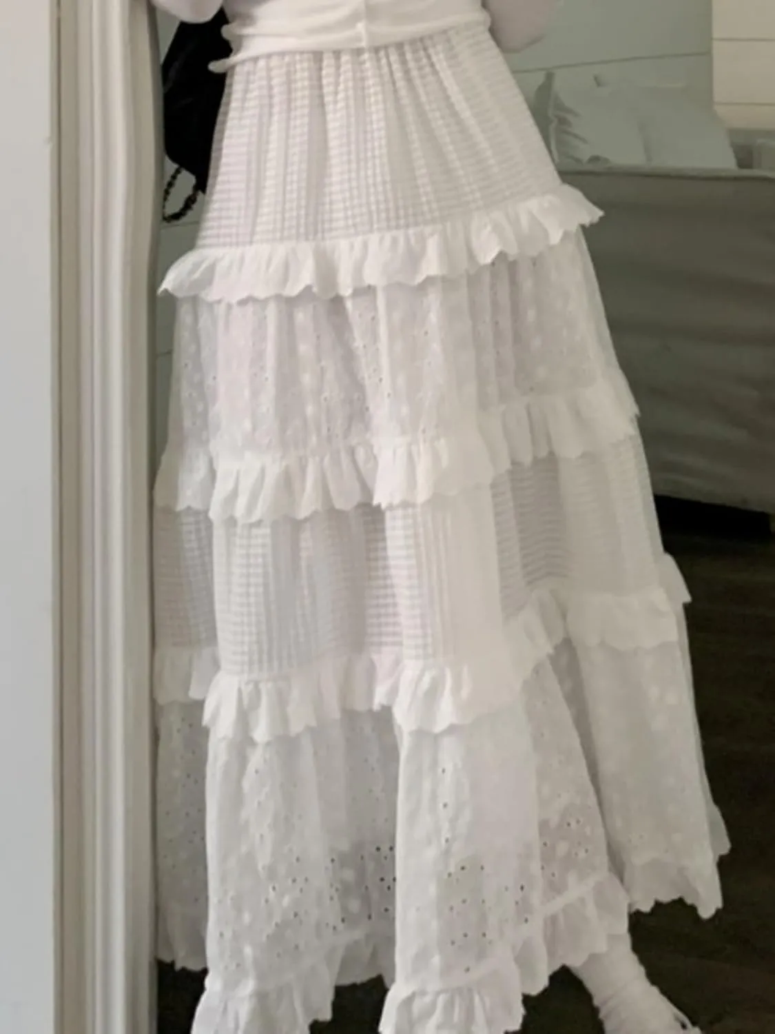 HAIRUO Women's Tiered Skirt White Eyelet Lace Skirt Fashion Elastic Waist Ruffle A-Line Long Dress