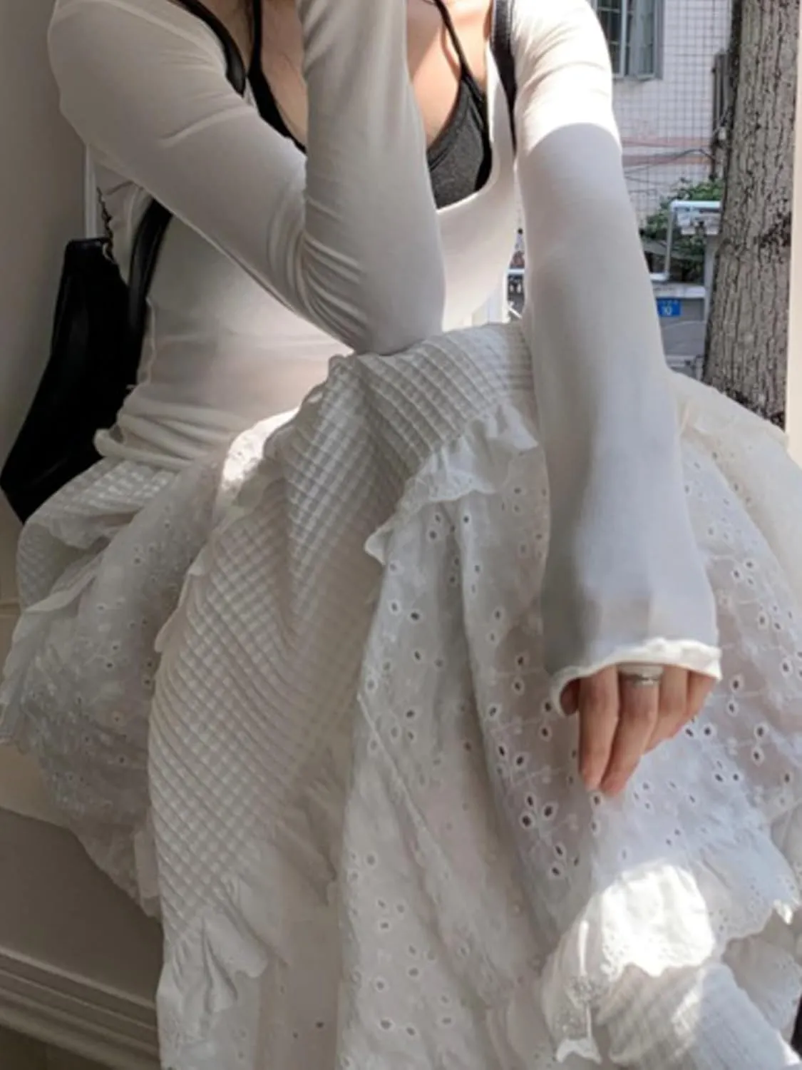 HAIRUO Women's Tiered Skirt White Eyelet Lace Skirt Fashion Elastic Waist Ruffle A-Line Long Dress