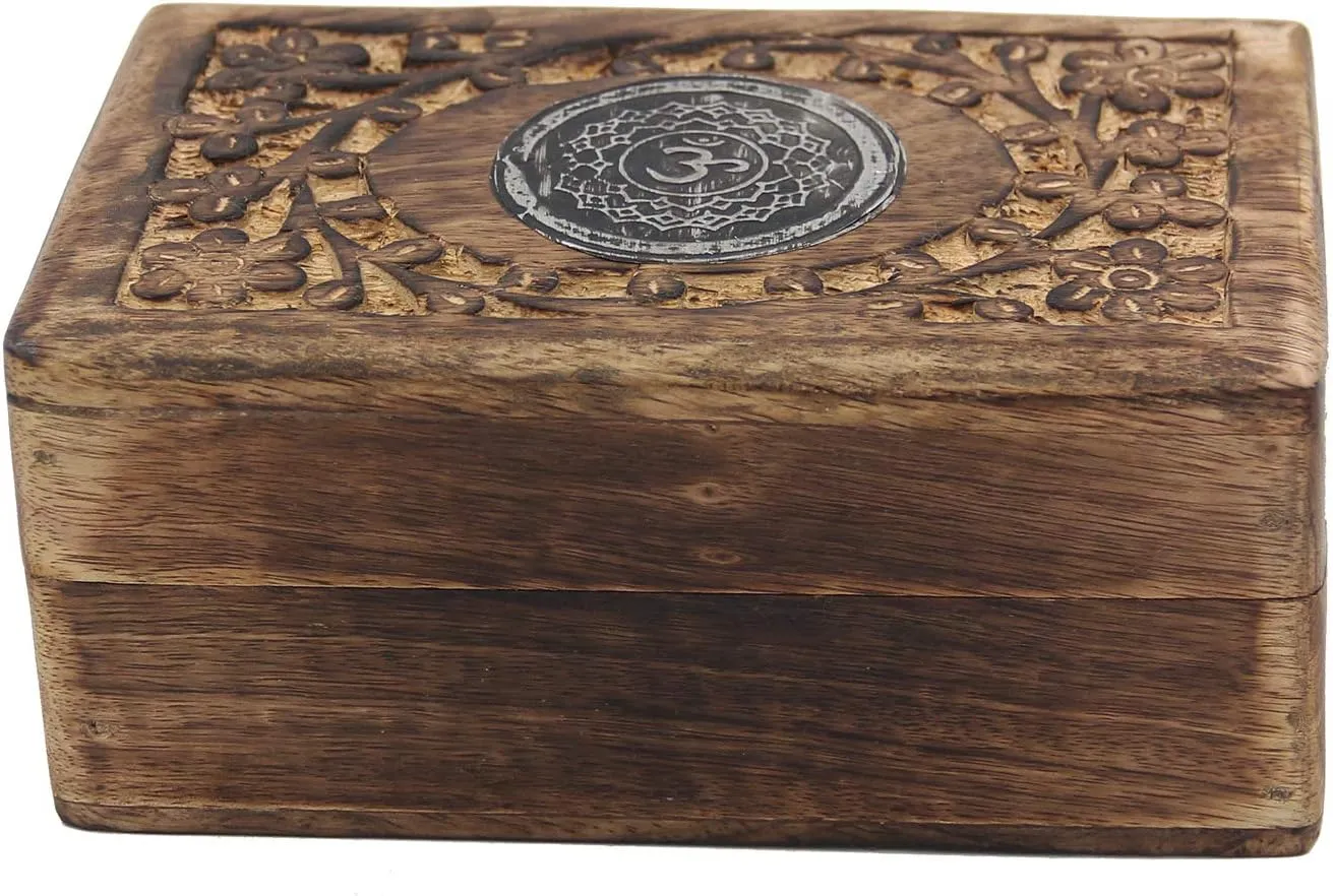 Hand Carved Chakra Jewelry Trinket Keepsake Wooden Storage Box (Crown)