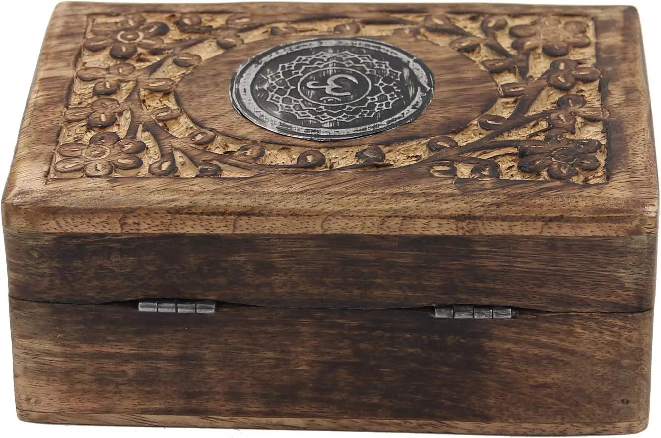 Hand Carved Chakra Jewelry Trinket Keepsake Wooden Storage Box (Crown)