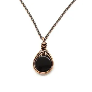 Handcrafted Black Onyx Gemstone Copper Wire Wrapped 1" Pendant Necklace (18" Chain)