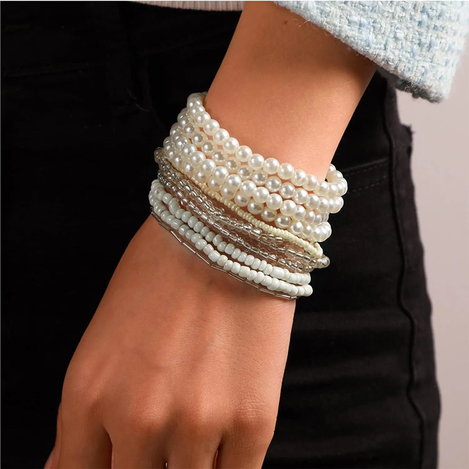 Handmade Bohemian Colorful Crystal Beaded Bracelets Set Multilayered Stackable Boho Stretch Adjustable Bangle Cuff Friendship Summer Beach Jewelry for Women