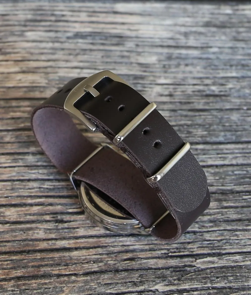 Handmade Slim Leather Watch Strap - Dark Brown Single-Pass Band, Crazy Horse Leather, Sizes 18-26mm, Minimalist Military-Style Design for Men & Women