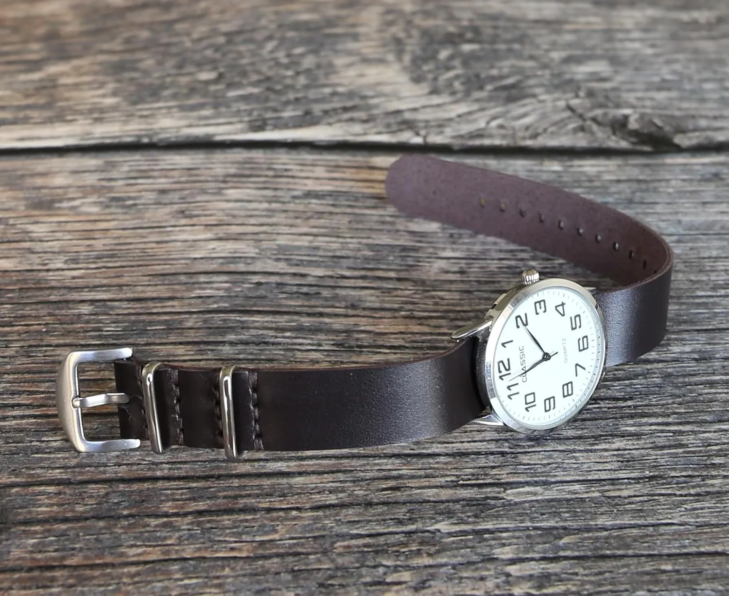 Handmade Slim Leather Watch Strap - Dark Brown Single-Pass Band, Crazy Horse Leather, Sizes 18-26mm, Minimalist Military-Style Design for Men & Women