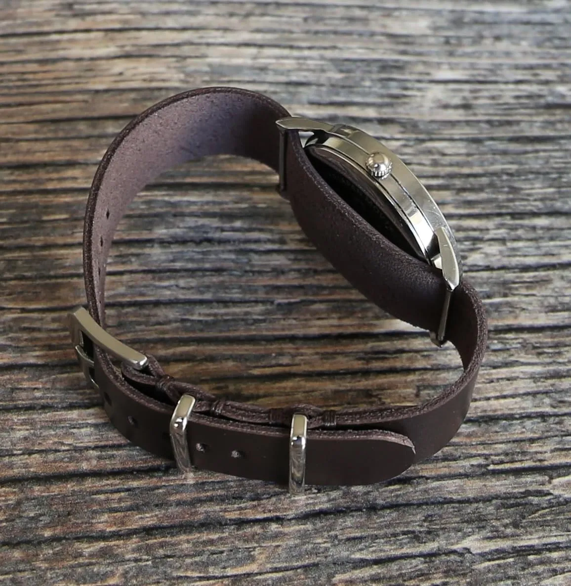 Handmade Slim Leather Watch Strap - Dark Brown Single-Pass Band, Crazy Horse Leather, Sizes 18-26mm, Minimalist Military-Style Design for Men & Women