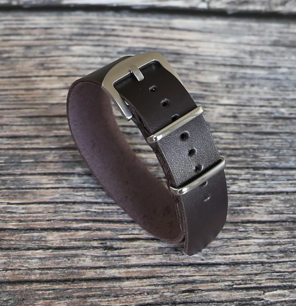 Handmade Slim Leather Watch Strap - Dark Brown Single-Pass Band, Crazy Horse Leather, Sizes 18-26mm, Minimalist Military-Style Design for Men & Women