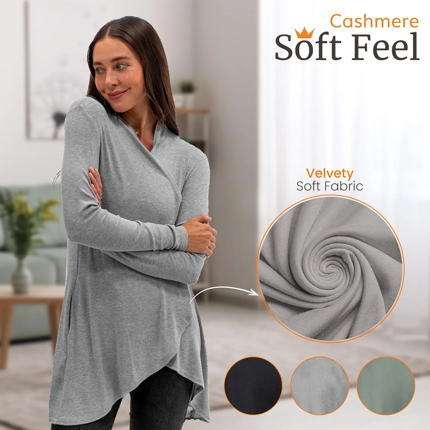 Happyluxe Lightweight Cardigan Sweaters for Women - Eco Cashmere Cardigan with Pockets. Long, Open Front - Made in USA