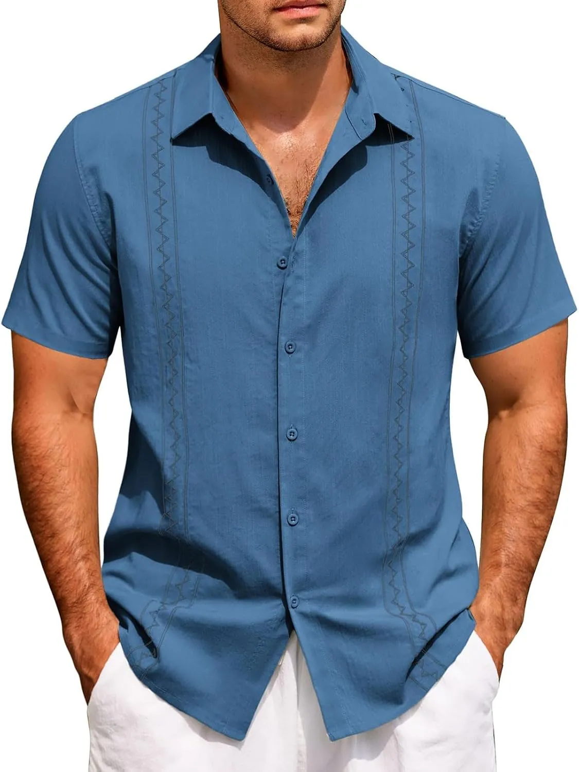 Hawaiian Shirt Men Casual Short Sleeve Button Down Beach Summer Wedding Shirt Casual Cotton Linen Solid Color Tee
