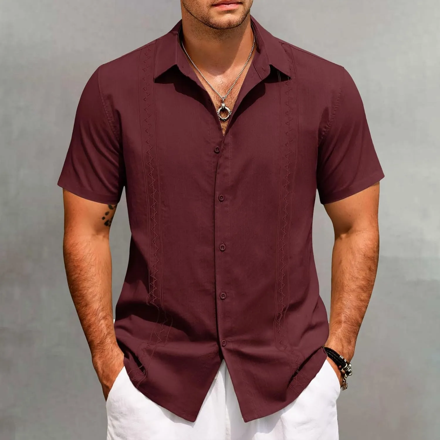 Hawaiian Shirt Men Casual Short Sleeve Button Down Beach Summer Wedding Shirt Casual Cotton Linen Solid Color Tee