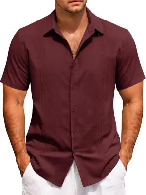 Hawaiian Shirt Men Casual Short Sleeve Button Down Beach Summer Wedding Shirt Casual Cotton Linen Solid Color Tee